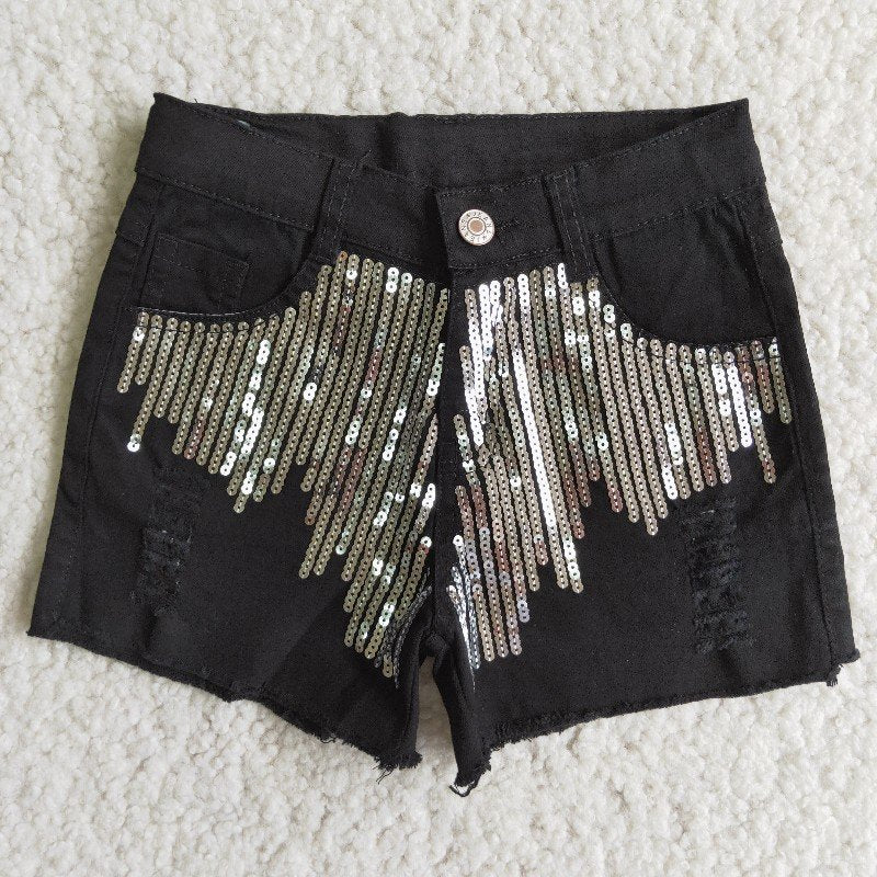 girl black sequins denim shorts