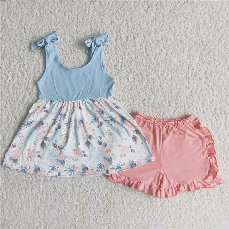 shoulder strap floral blue short sleeve shorts girl outfits 0309