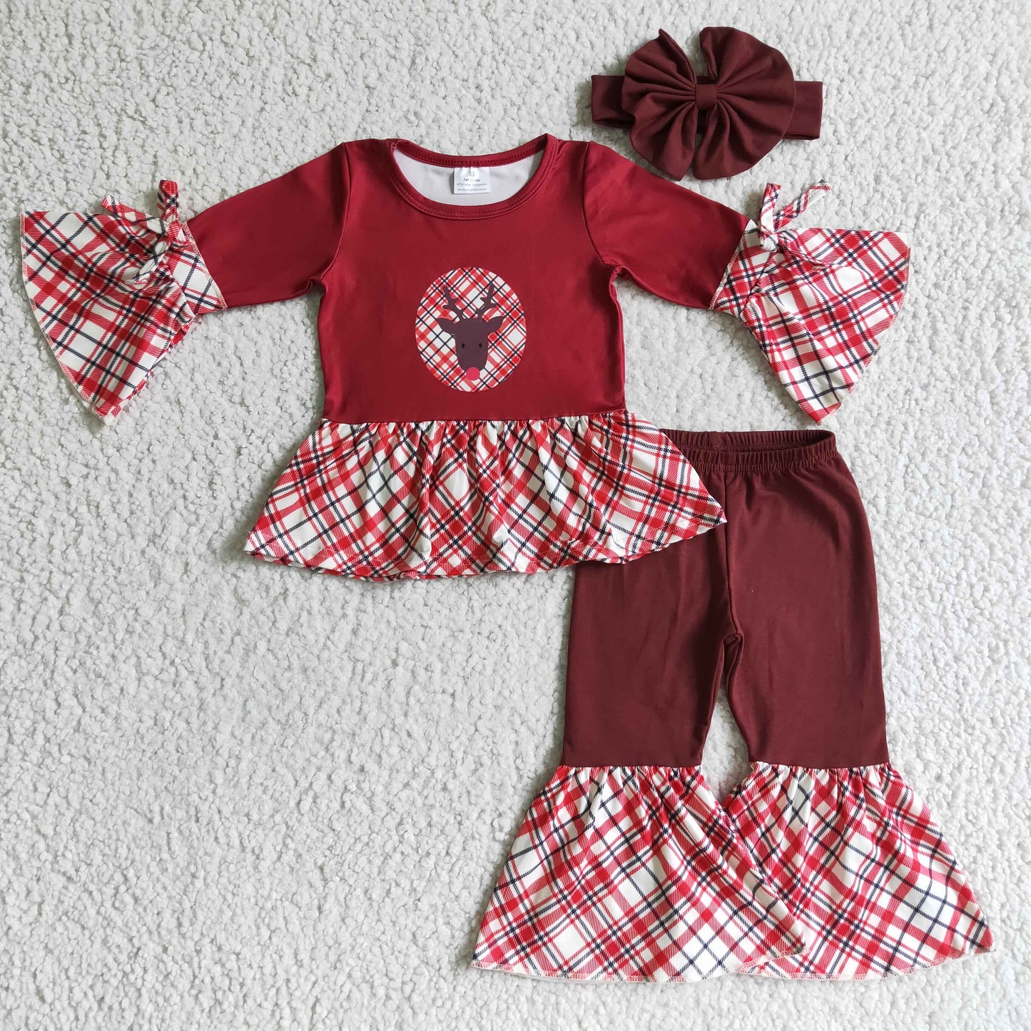 GLP0202 RTS 1101 (choose extra headband ) 3pcs long sleeve Christmas deer red plaid girl outfit