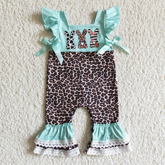 EC0005 Lace bow easter rabbits leopard print green short sleeve girl romper 20230328 RTS