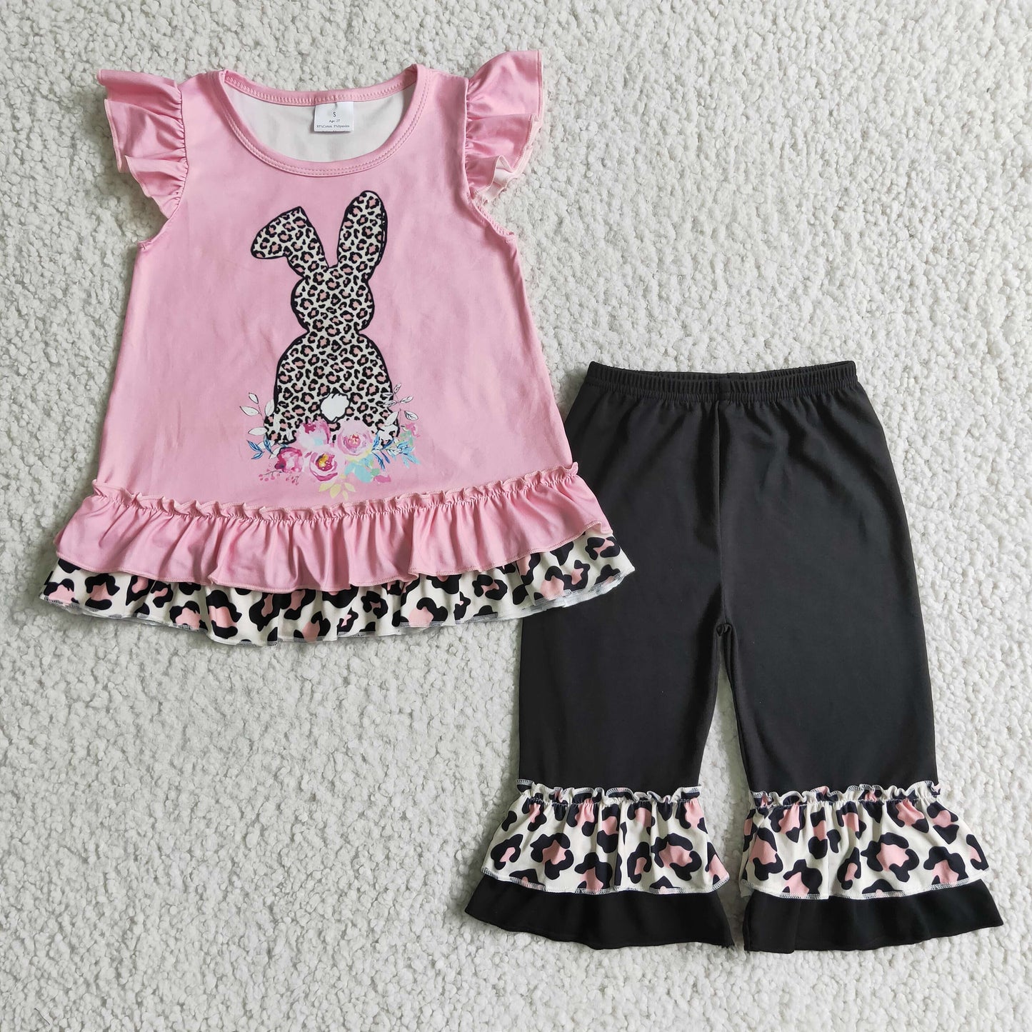 Promotion E6-17 rabbit floral leopard short sleeve Easter girl outfit 1027 RTS