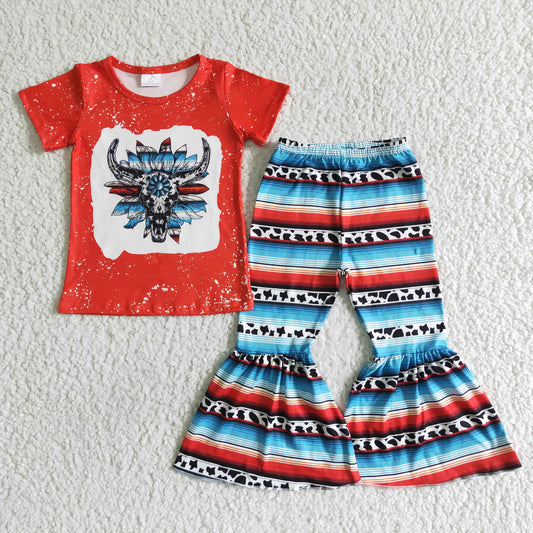promotion GSPO0052 cow orange blue stripe short sleeve bell bottom girl outfits RTS