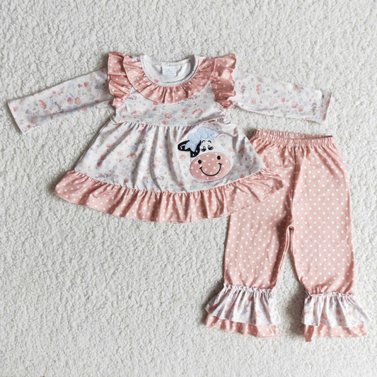promotion 6 A26-30 pink dot ruffles floral embroidery cow long sleeve long pant outfit RTS