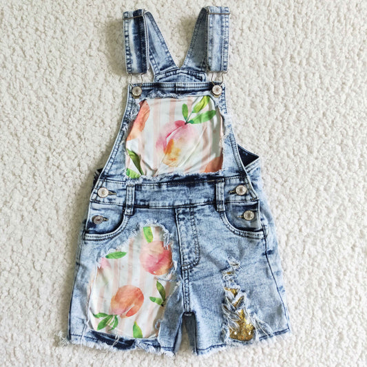 SS0022 pockets button Begonia print golden sequin blue denim suspender shorts RTS 0609