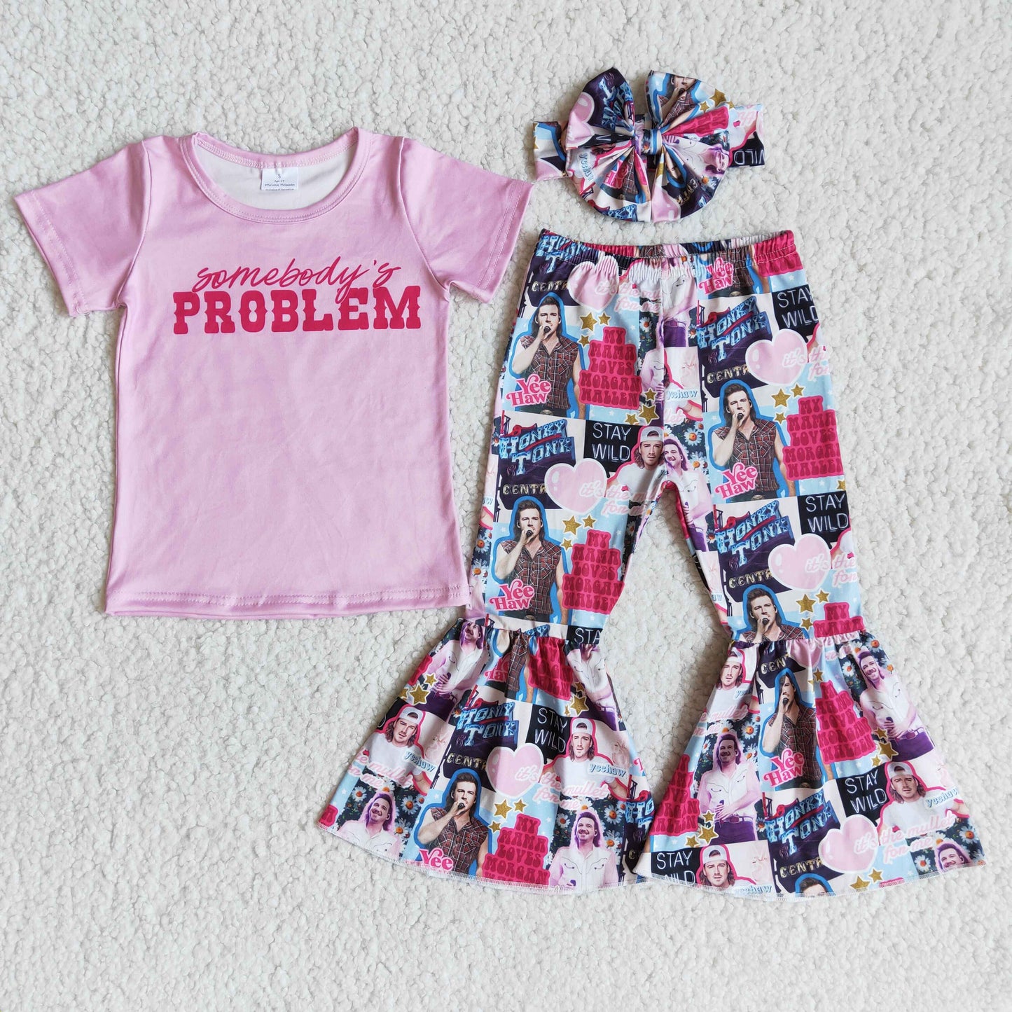 RTS problem letters singer pink girl short sleeve bell bottom pant bow headband 3pcs outfit