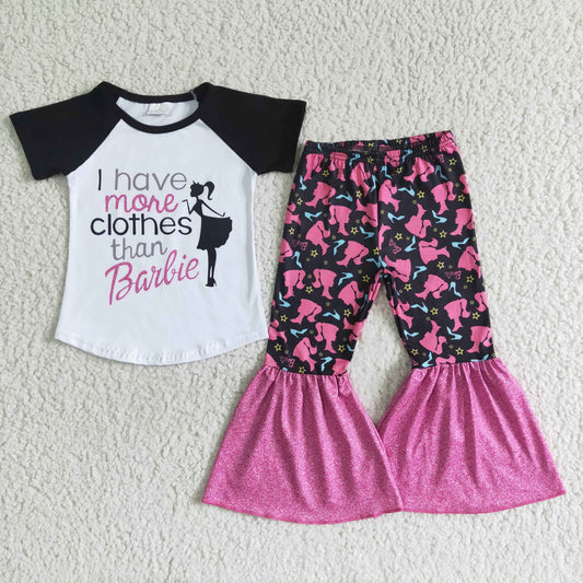 RTS dance  girl letters I have more clothes than Barbie short sleeve pink red bell bottom pant girl outfit 0520