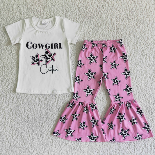 promotion GSPO0044  2pcs cowgirl stars white pink short sleeve bell bottom girl outfits
