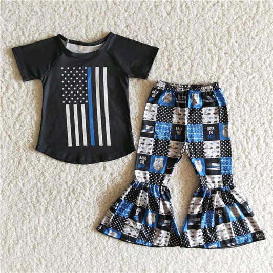 promotion A13-4 American national day girl black plaid blue black short sleeve bell bottom outfit