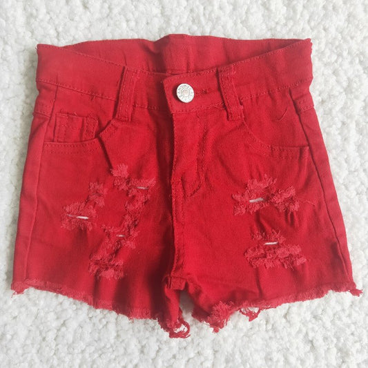 girl button red ripped denim shorts