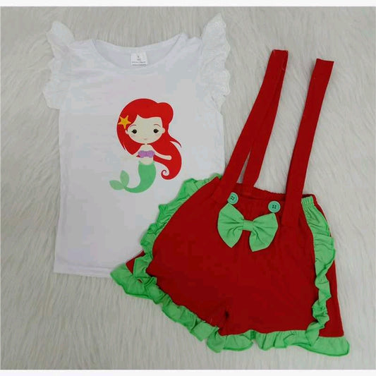 red cartoon mermaid princess short sleeve short suspender shorts girl summer outfit 0311