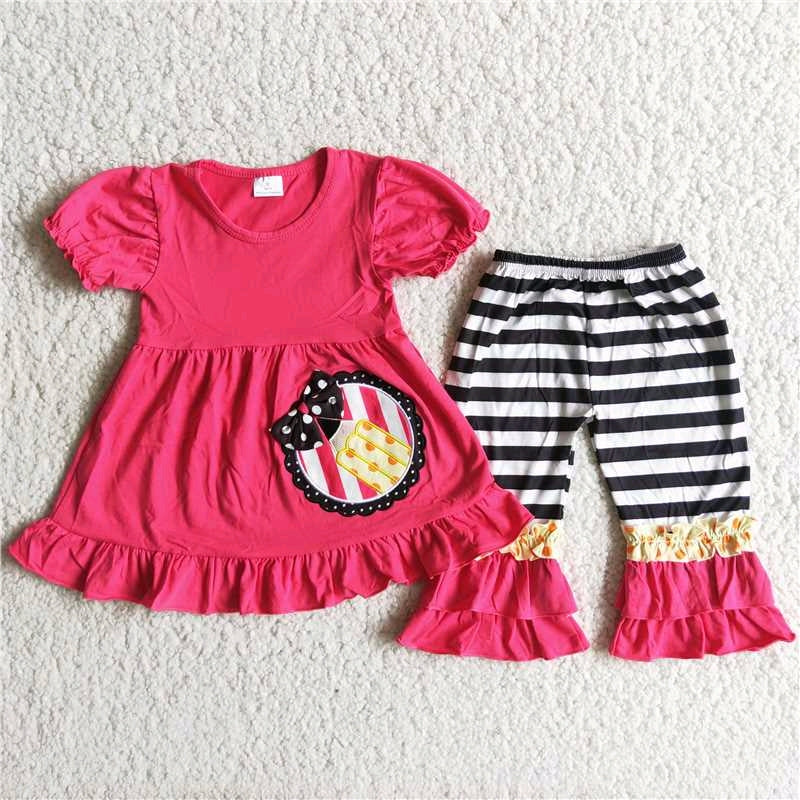 pencil embroidery ruffles stripe hotpink short sleeve long pant outfit