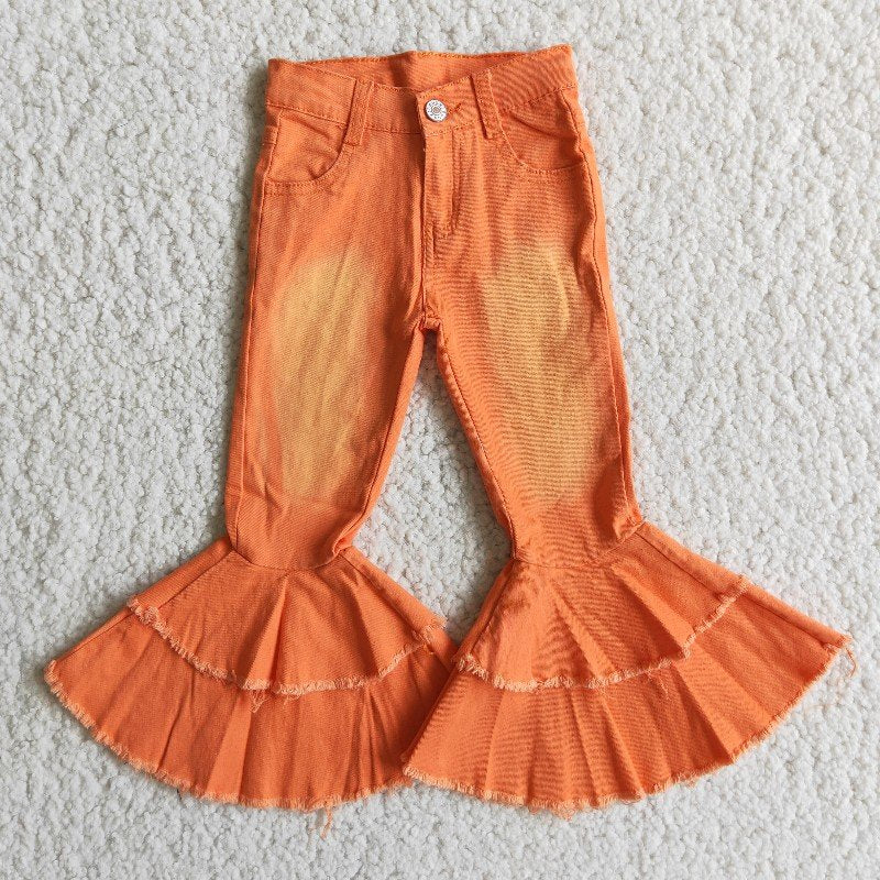 orange bleached double ruffles button jeans denim pant 0615 RTS