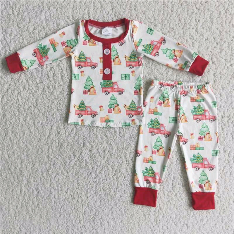 Christmas tree cartoon truck boy red white long sleeve pajamas outfit