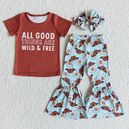 promotion RTS E7-28 all good things wild free letters flowers butterfly girl short sleeve bell bottom bow headband 3pcs(choose headband below) outfit