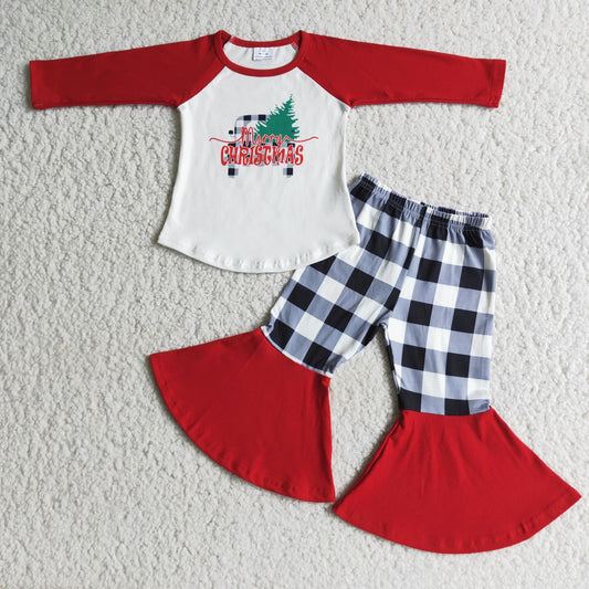 promotion Christmas tree red plaid long sleeve bell bottom pant outfit 11