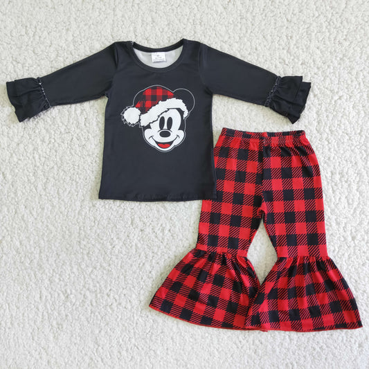 6A4-11 Christmas girl cartoon mouse print plaid long sleeve bell bottom girl outfit 20230524 RTS