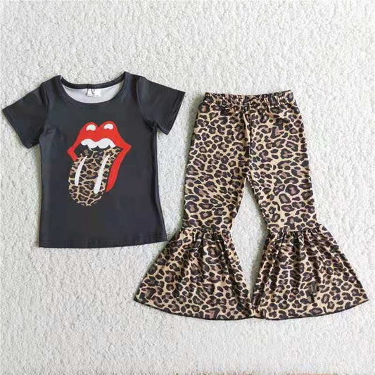 black mouth tongue leopard short sleeve bell bottom pants outfit