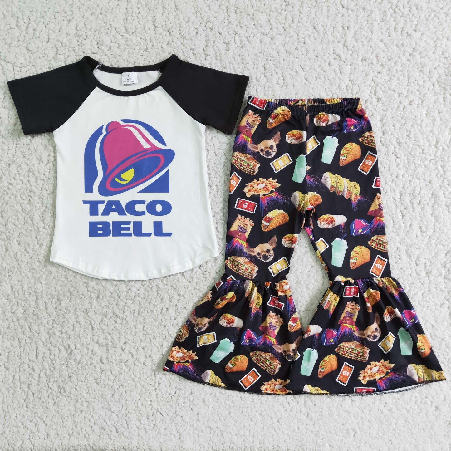 promotion D5-18 bell black raglan short sleeve bell bottom pant girl outfits