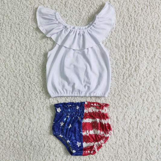 American national day white short sleeve short pants outfit summer girl set 0322
