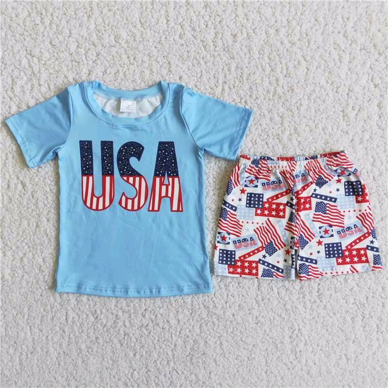 USA letters 4th of July flag blue boy short sleeve short pants set