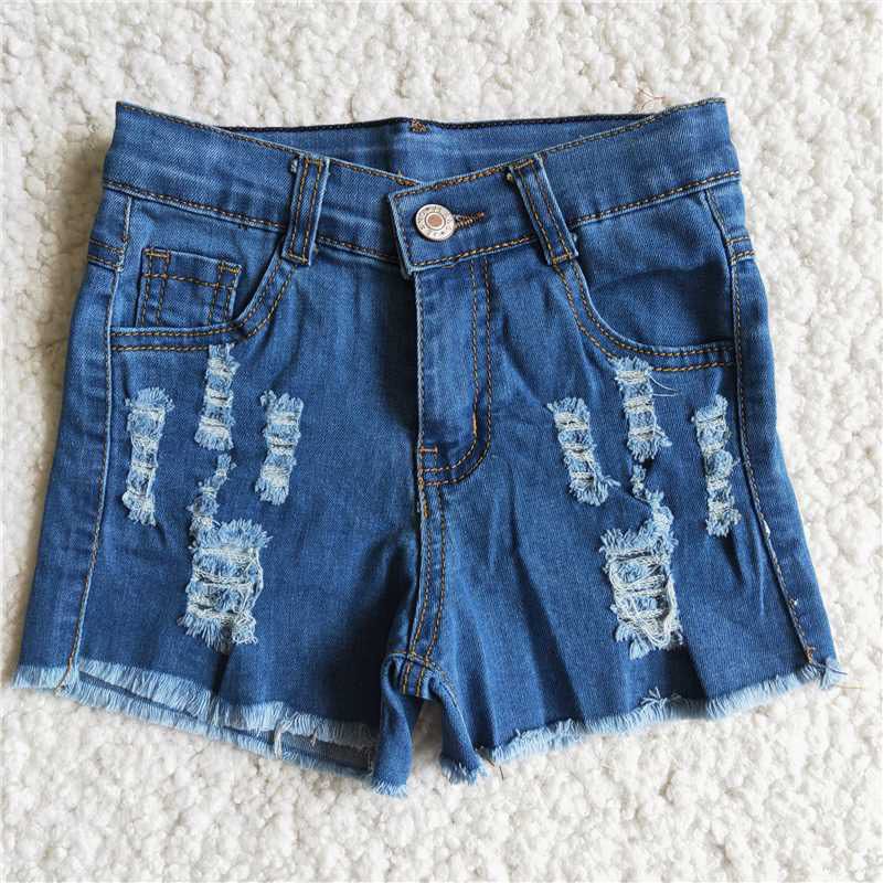 girl button casual ripped denim shorts