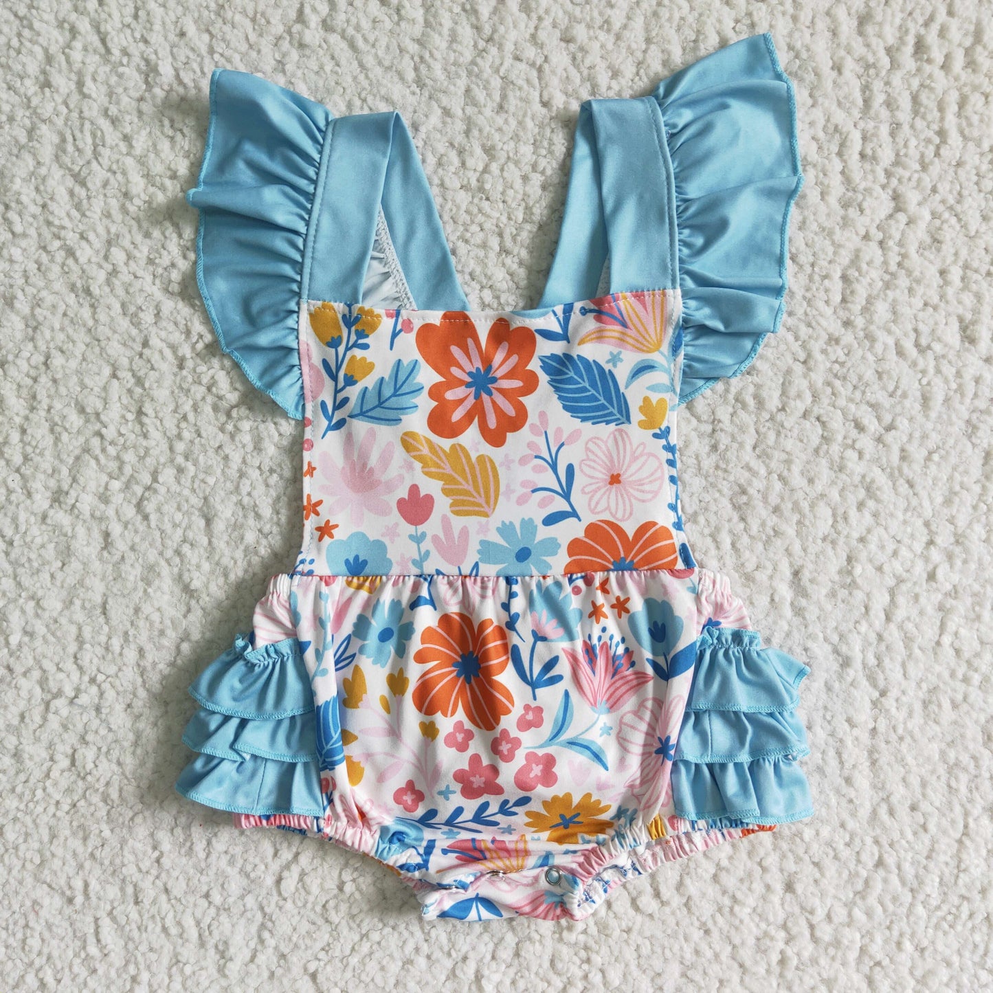 RTS pink yellow flower print blue flutter sleeves summer girl clothes romper 0516