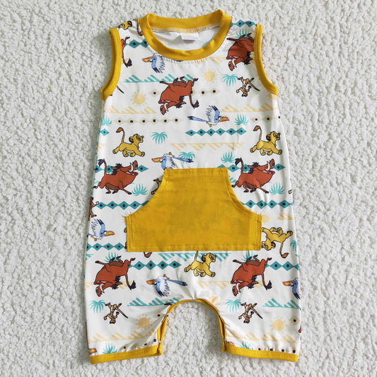 promotion RTS SR0026 summer cartoon lion yellow pocket blue triangle sleeveless baby boy romper 0512