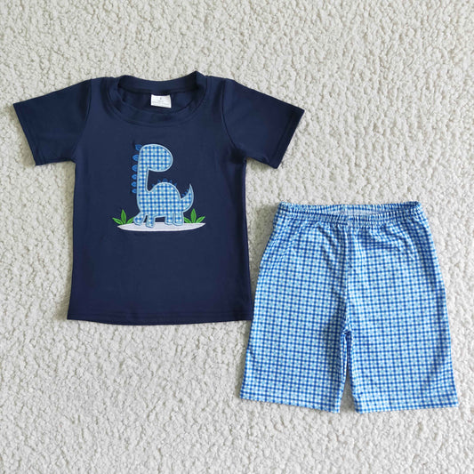 BSSO0005 RTS Embroidery Dinosaur blue top plaid shorts summer boy clothes outfit 20230417