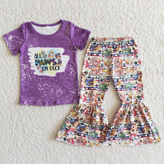 Promotion 202410 D12-5 purple dot cartoon dogs short sleeve bell bottom pant girl outfit