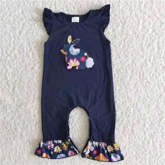 promotion b8-11 navy rabbit floral embroidery short sleeve romper