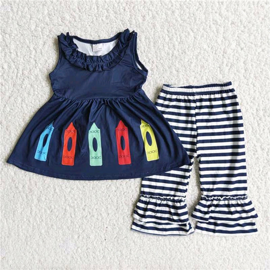 D2-28 back to school navy pencil stripe blue short sleeve long pant outfit 20230210 RTS