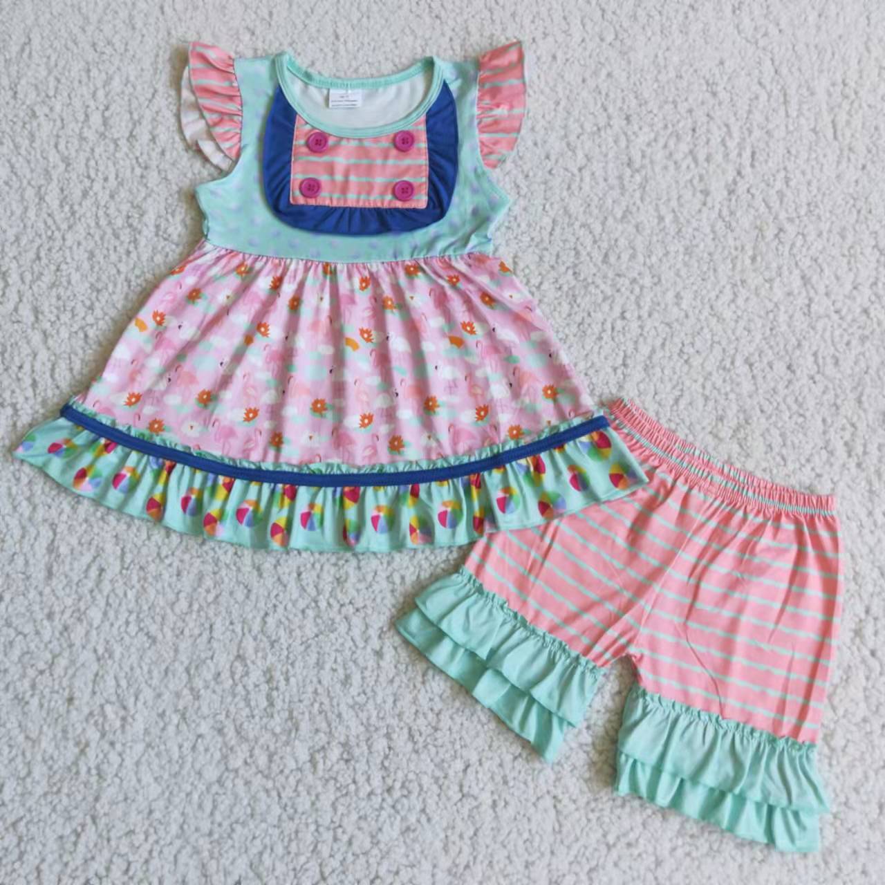 C7-22 girl puffy button flamingos blue pink stripe short sleeve shorts girl outfit summer set