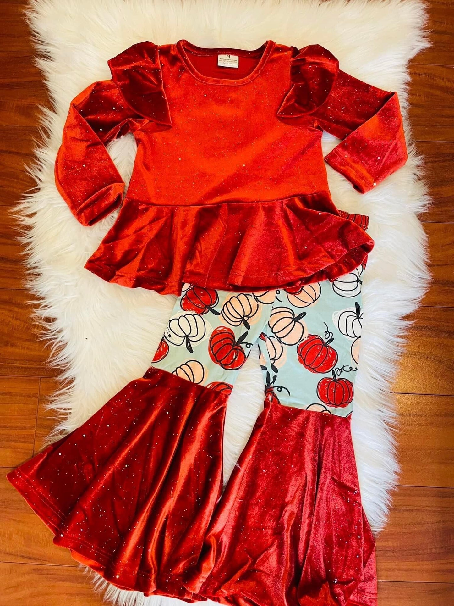 preorder red ruffle pumpkin print long sleeve red bell bottom outfit girl clothes 0607