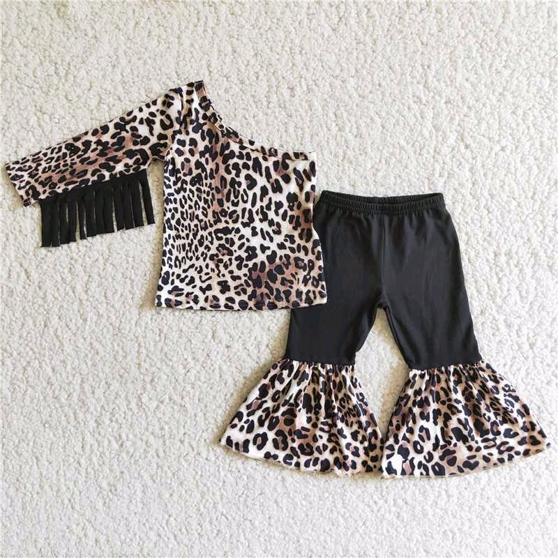 promotion 6 B1-20 tassels black leopard one-sleeve long sleeve bell bottom girl outfit 20230215 RTS