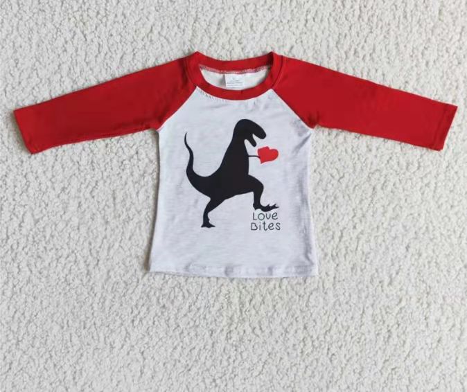 dinosaur love red boys Valentine kids long sleeve top 02