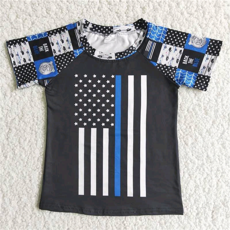 police blue flag stripe American national day white black blue boy short sleeve top 0104