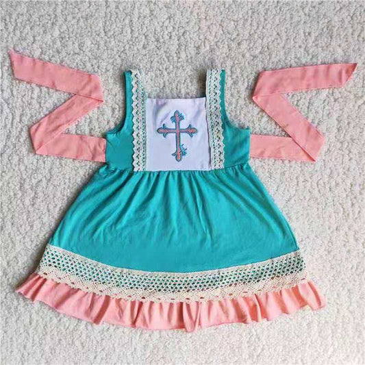 promotion cross embroidery pink blue lace belt sleeveless dress