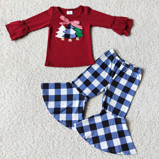 promotion 6 C6-40 Christmas tree embroidery bow red blue write plaid long sleeve bell bottom girl outfit 20230724 RTS