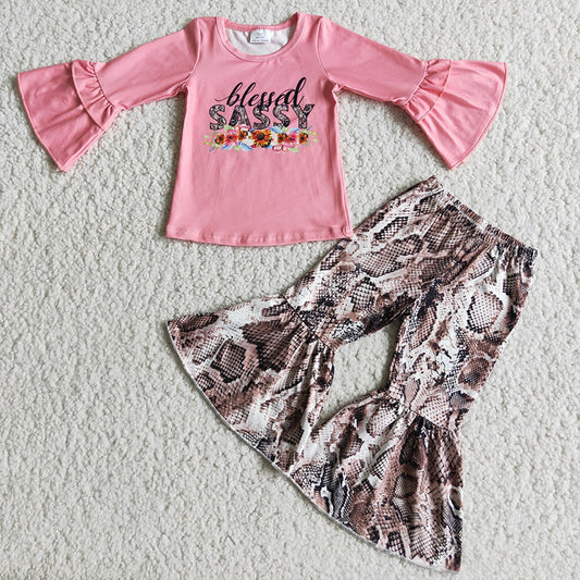 promotion 6 C6-19 sassy pink floral snack print long sleeve bell bottom pant outfit