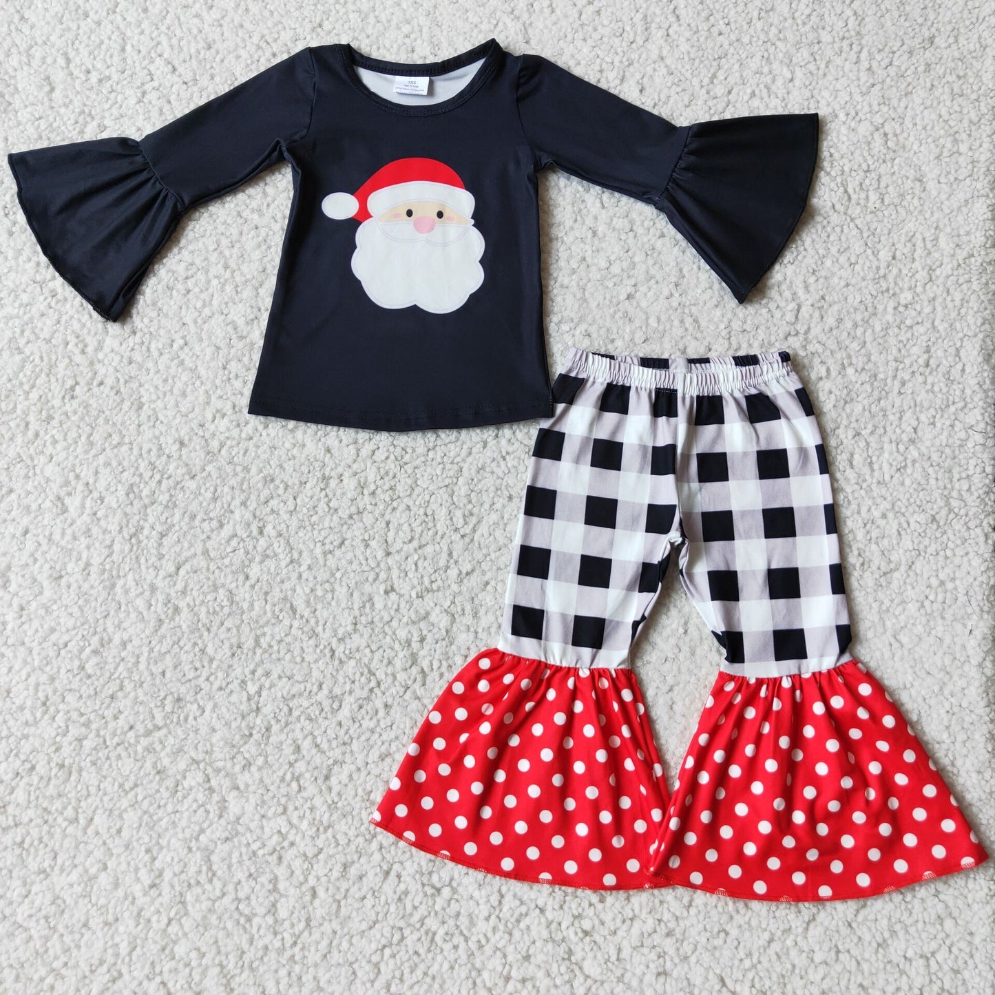 Promotion 6 A8-14 Christmas santa black plaid dot long sleeve bell bottom pant girl outfit 20230530