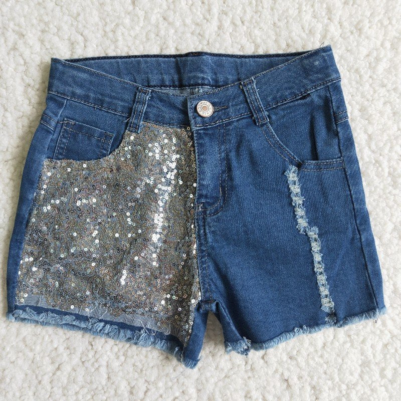 girl unique sequins blue ripped denim shorts