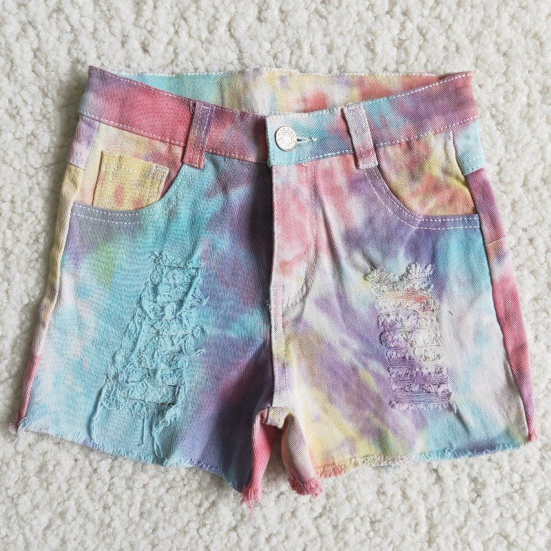 girl button colorful tie-dyed ripped denim shorts