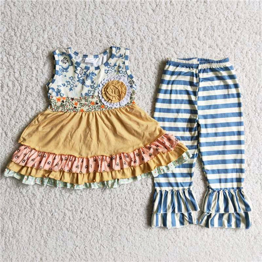 RTS yellow ruffle lace flowers blue stripe girl sleeveless pants girl outfit 0516