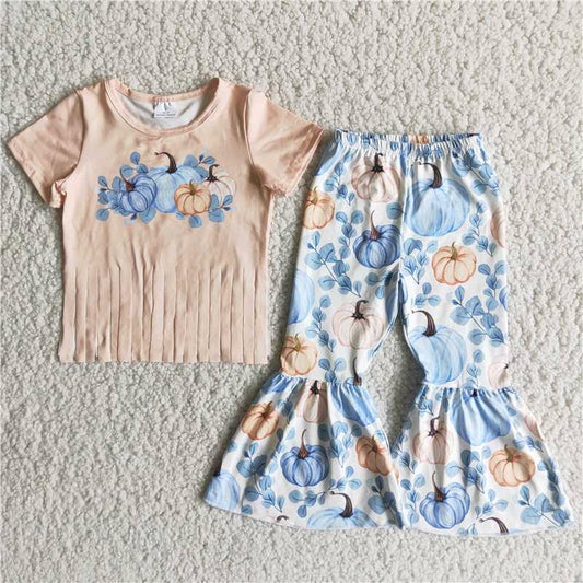 promotion C10-9 pumpkin blue tassels short sleeve bell bottom outfit