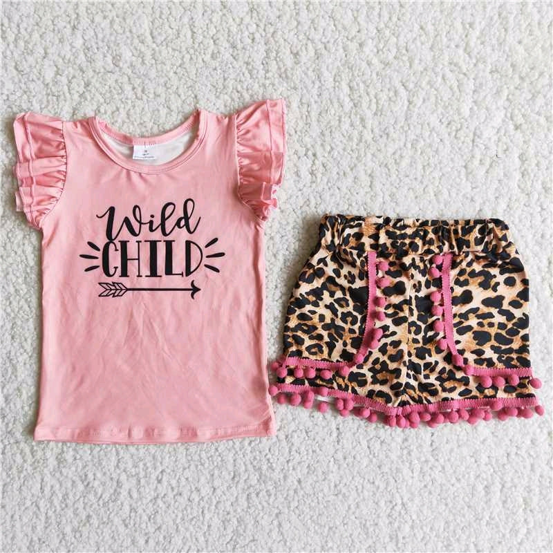 wild child letters leopard print pink girl short sleeve shorts outfits