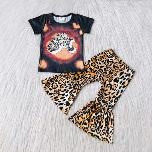 black print leopard short sleeve bell bottom pants girl outfit