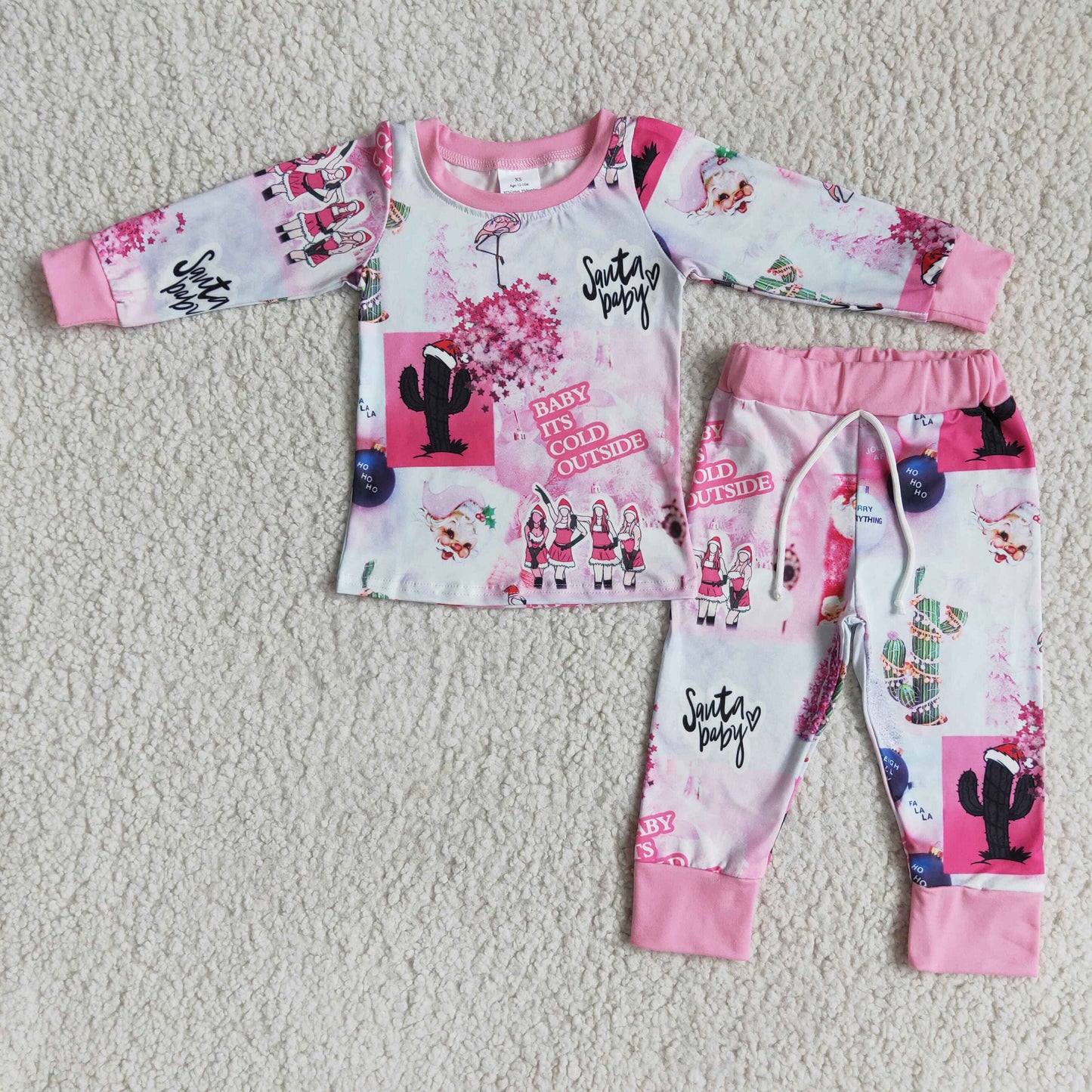 promotion 6A17-4 Christmas girl cold outside pink cartoon cactus long sleeve pajamas girl outfit 20230606