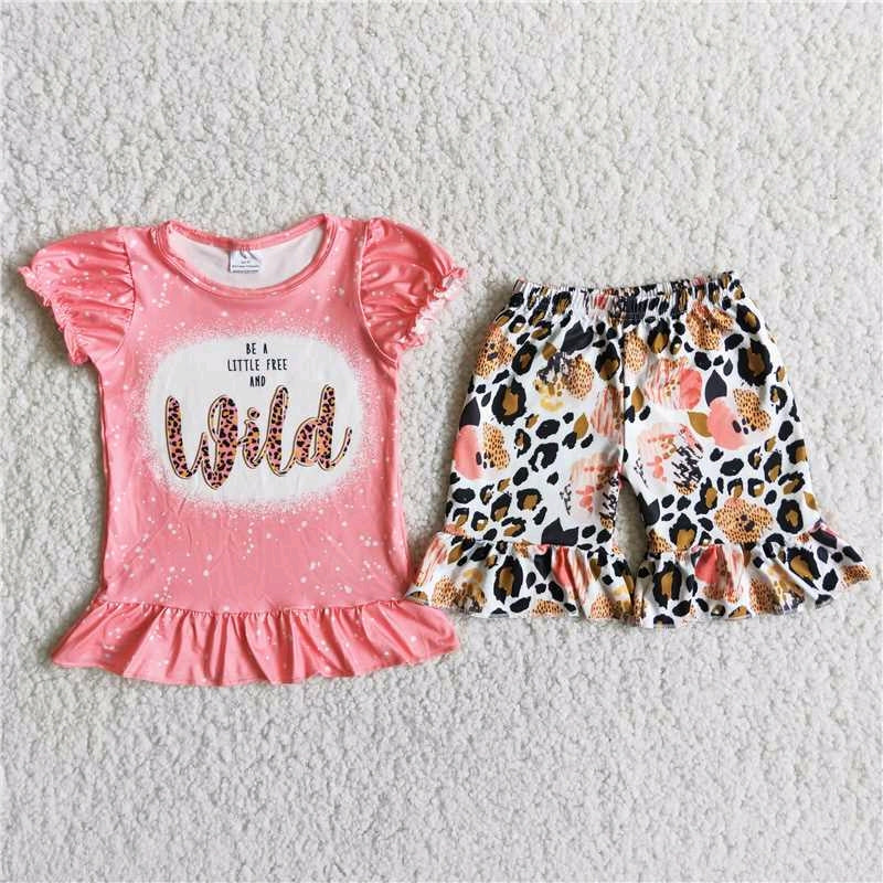 promotion wild letters leopard print pink flower girl short sleeve shorts outfits 202404