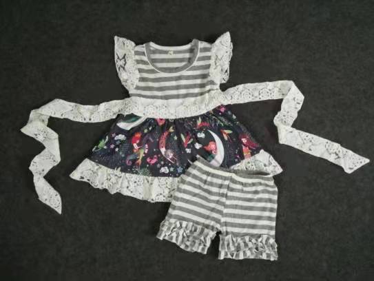 gray white lace stripe cartoon belt puffy girl short sleeve shorts