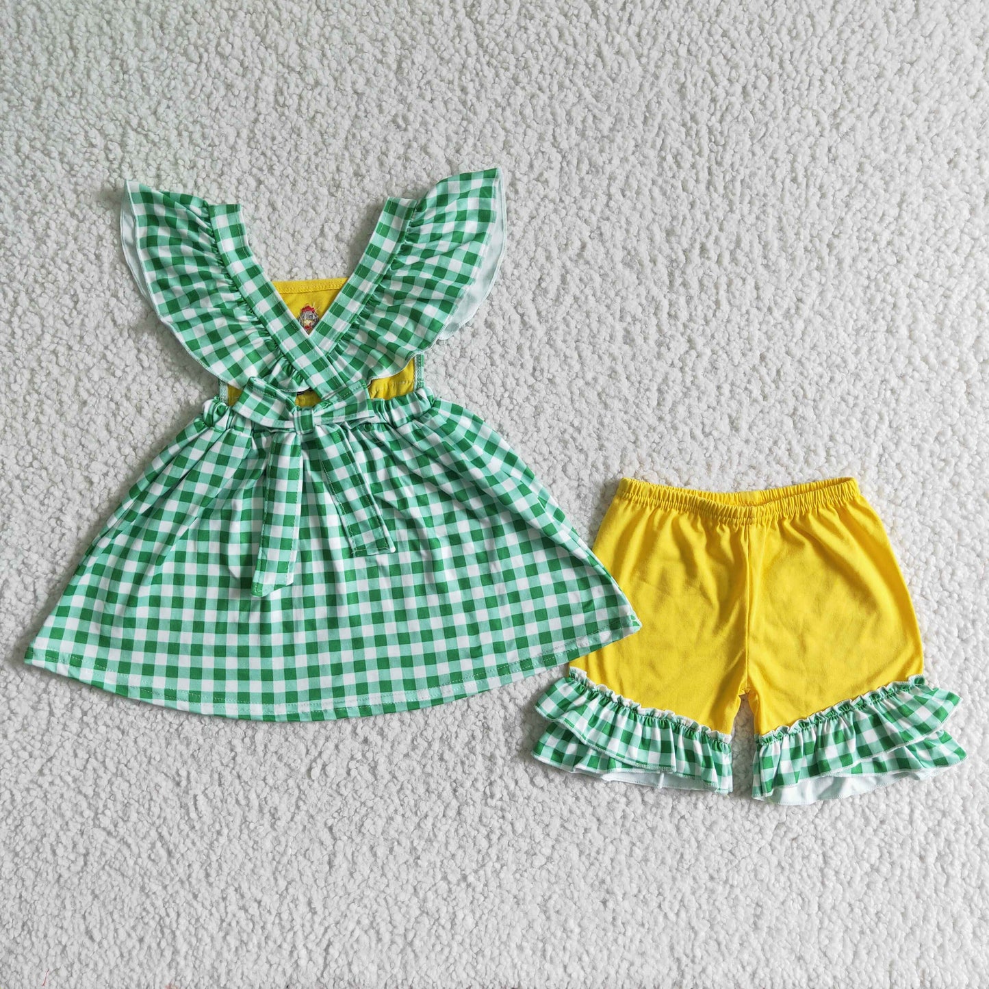 RTS green tractor embroidery short sleeve girl plaid yellow shorts summer outfit 20230505